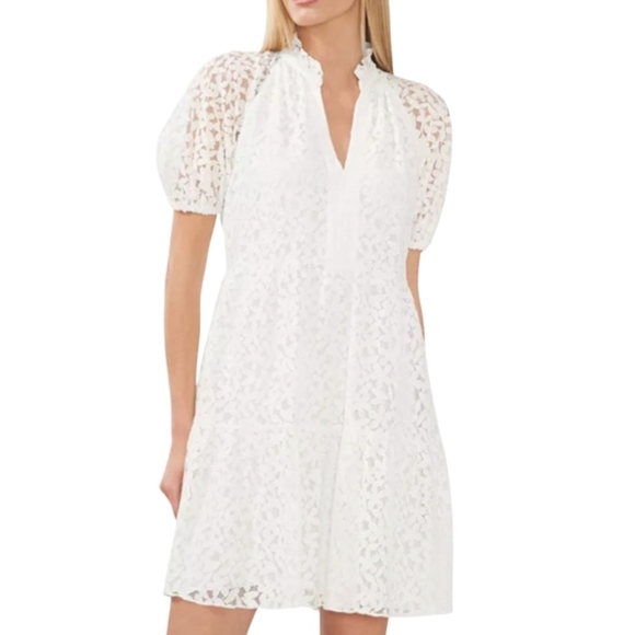 CeCe Dresses & Skirts - CeCe White Floral Lace Tiered Babydoll V-Neck Puff Sleeve Dress Size Small